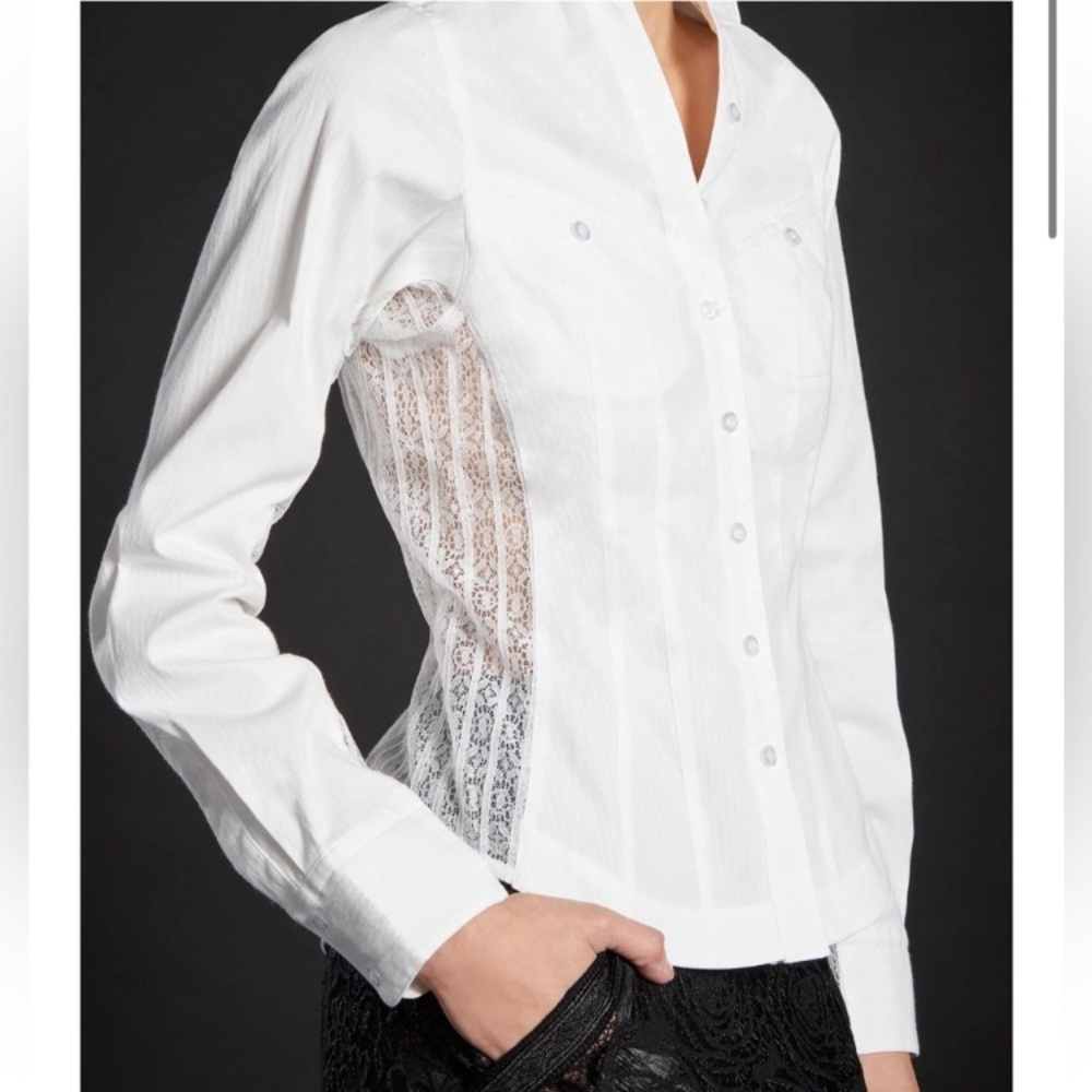 Byron Lars IN EARNEST White Button Down Oxford Lace Insert Shirt 6 EUC